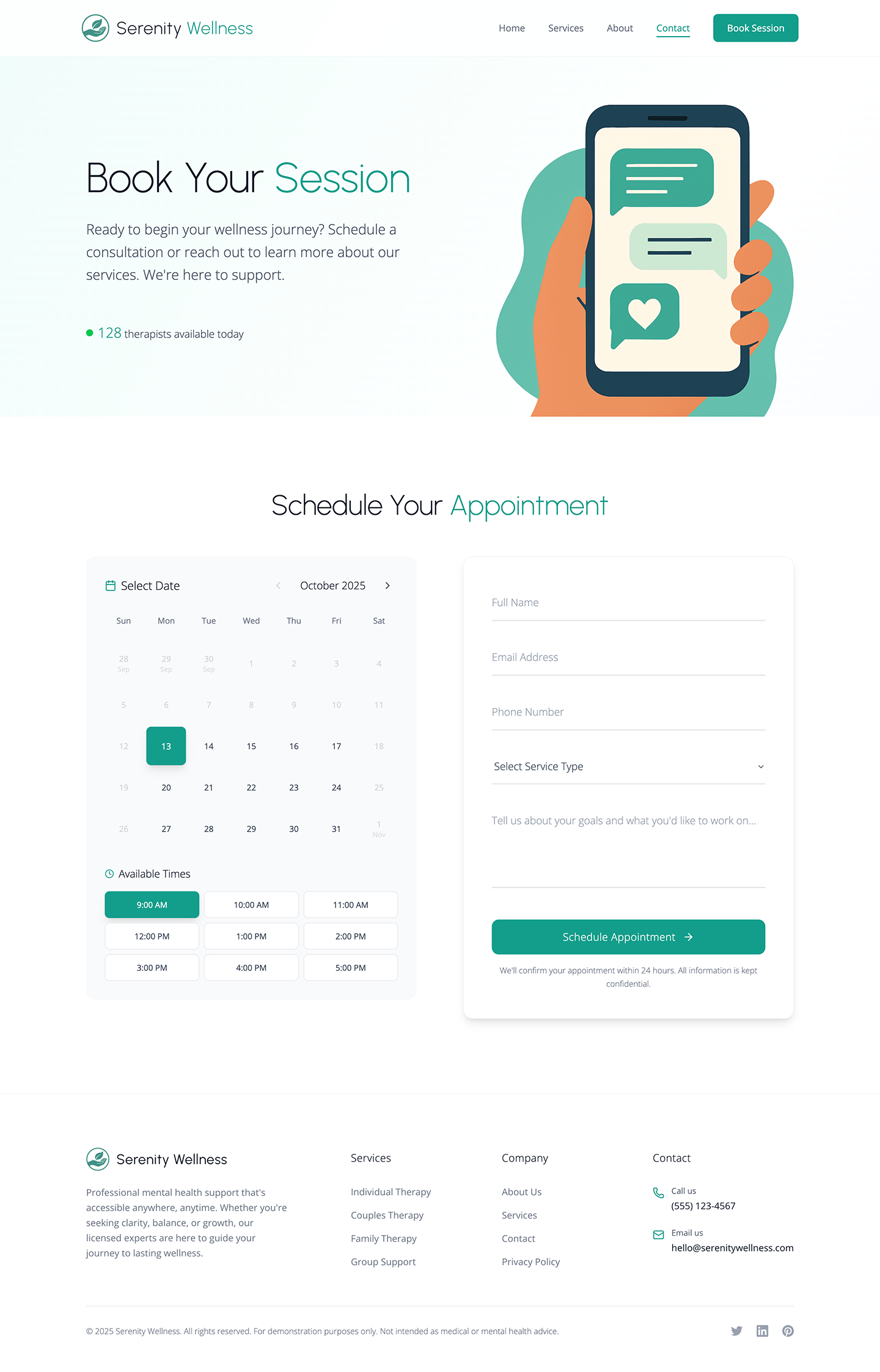 Serenity Wellness contact page desktop preview