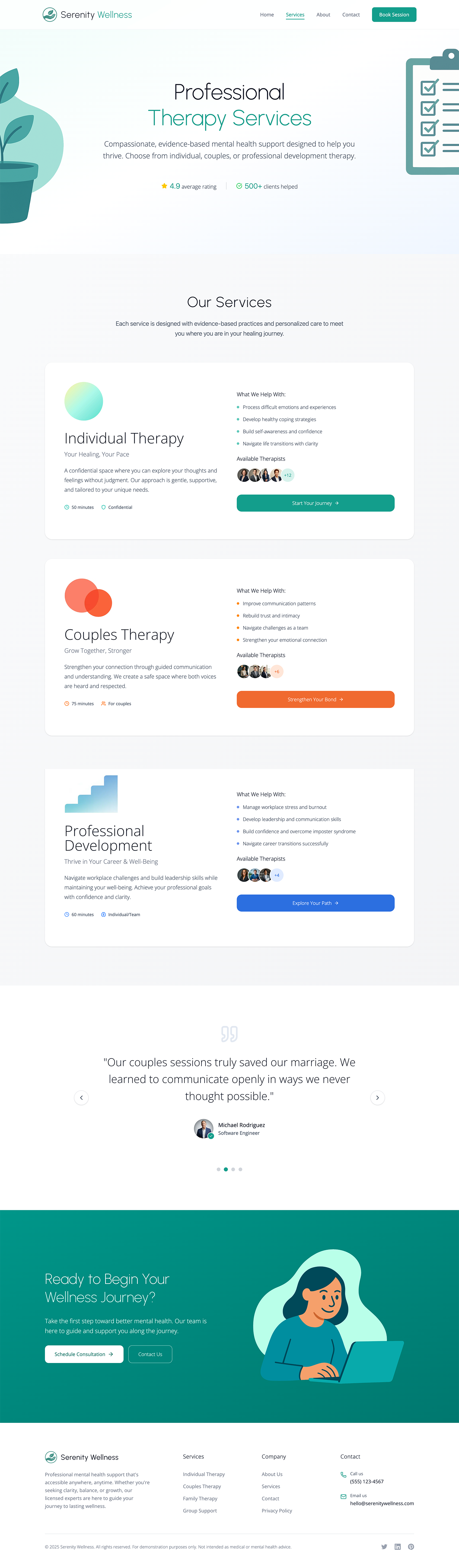 Serenity Wellness services page desktop preview