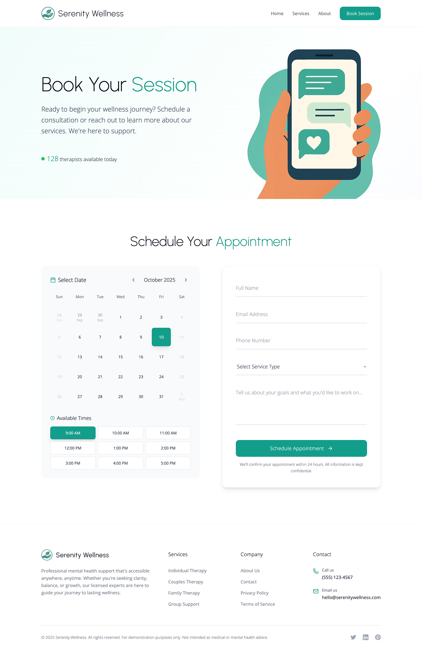 Serenity Wellness contact page desktop preview