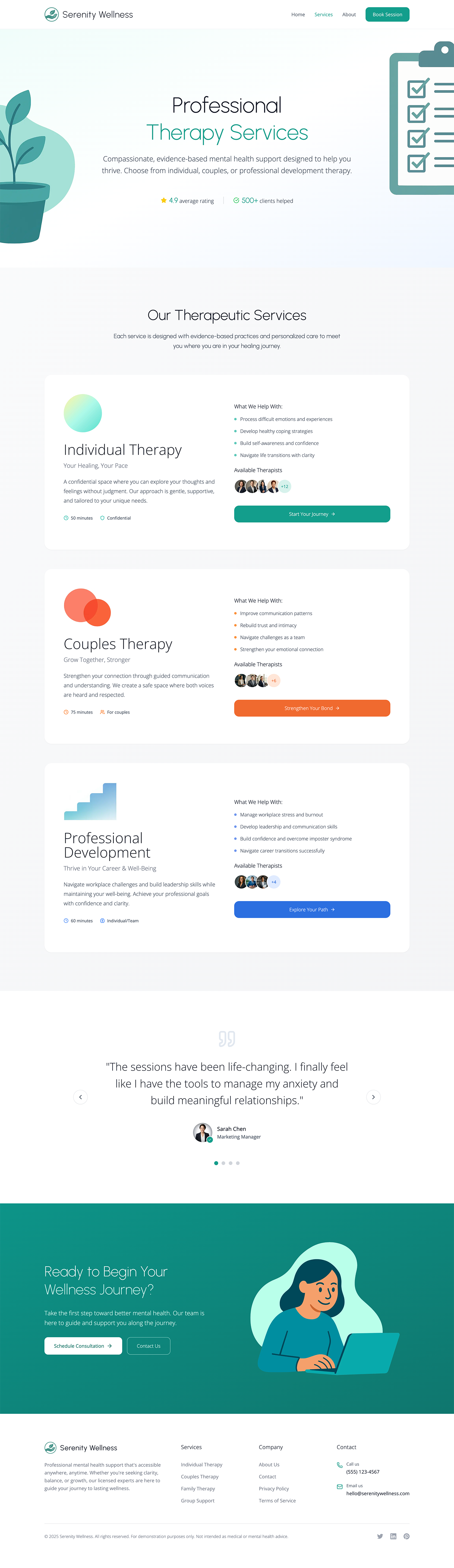 Serenity Wellness services page desktop preview